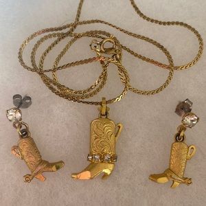 Gold Toned Cowboy Boots Necklace & Earrings Set